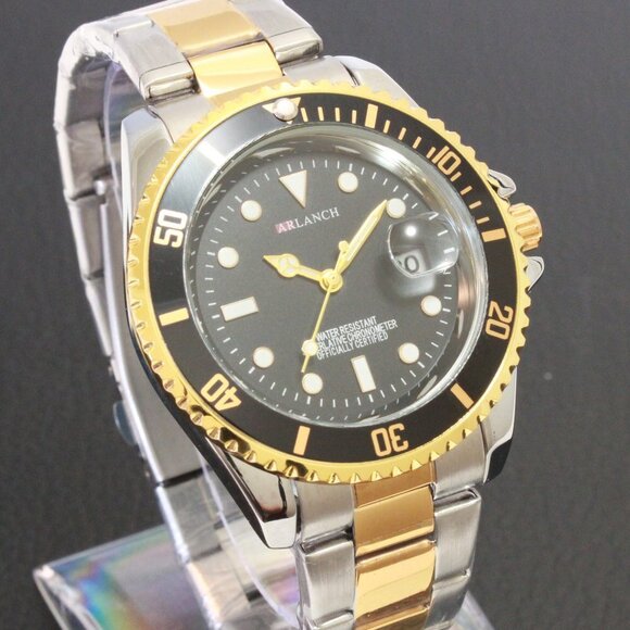 Men's Diver Style Watch Black Bezel Silver Gold Tone 40mm - Picture 5 of 14